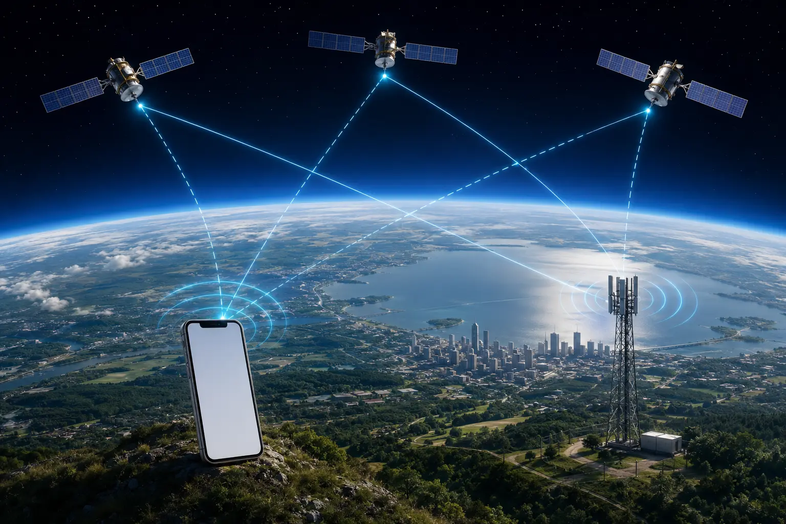Uydular, telefon ve yer istasyonu arasındaki GPS sinyalleri