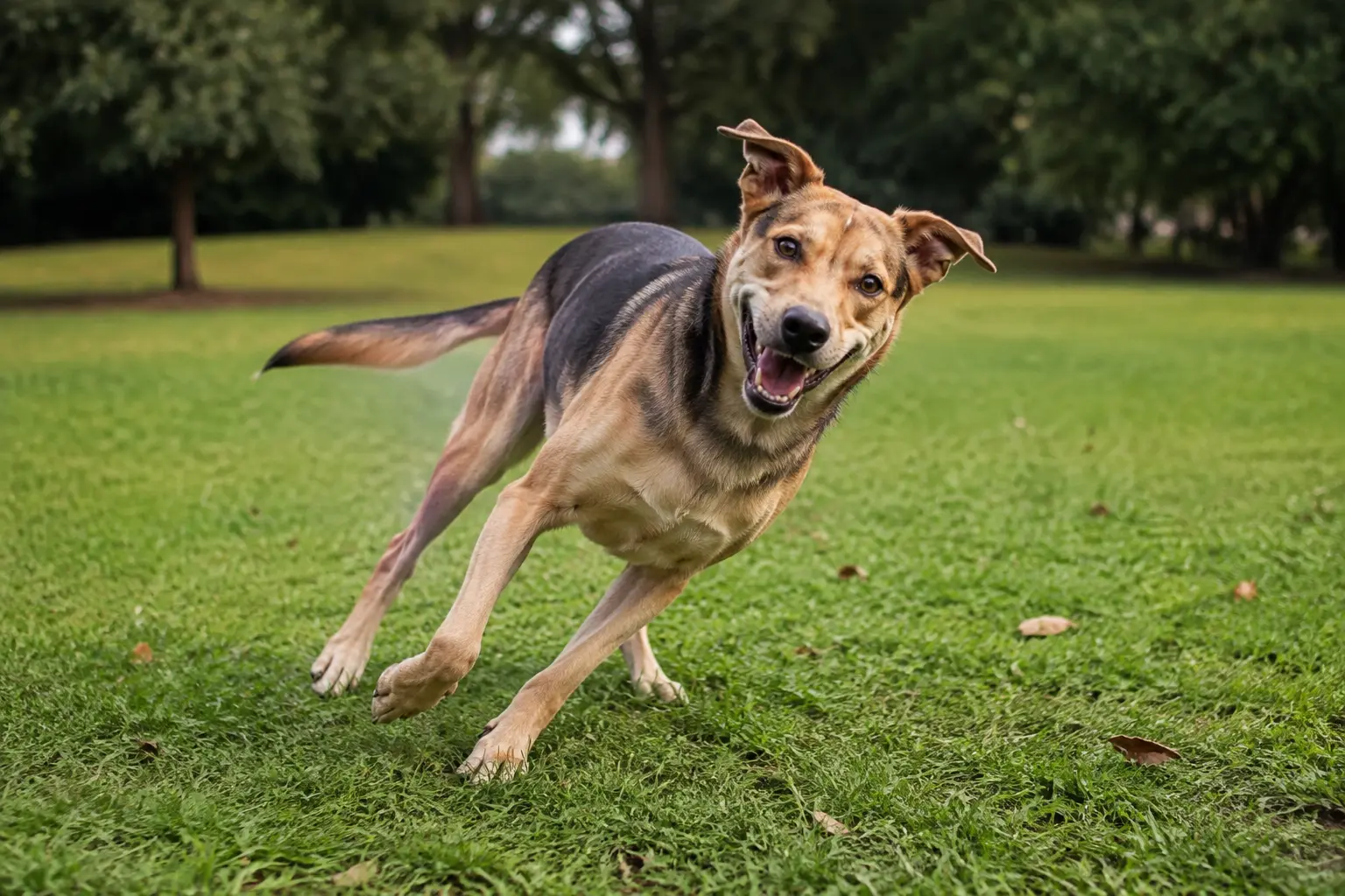 Koşarken kulakları havalanmış neşeli köpek